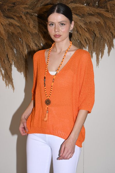 V YAKA YARIM KOL MERSERİZE BLUZ