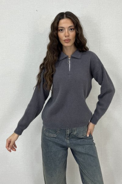 GÖMLEK YAKA FERMUARLI TRİKO KAZAK