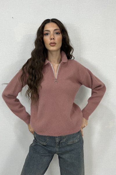 GÖMLEK YAKA FERMUARLI TRİKO KAZAK