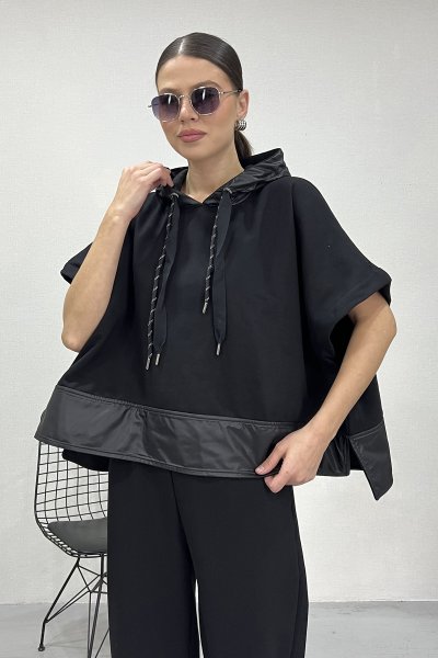 DERİ DETAY KAPŞONLU SWEAT