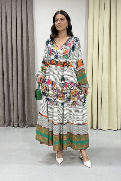 ITALY DESENLİ PÜSKÜL DETAY V YAKA ELBİSE