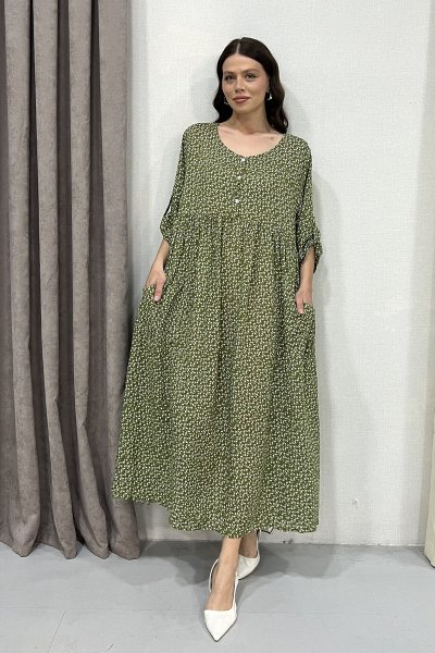 ITALY DESENLİ YAKA DÜĞMELİ ELBİSE